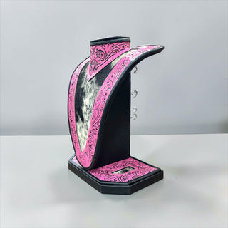 Pink tooled leather & cowhide necklace display