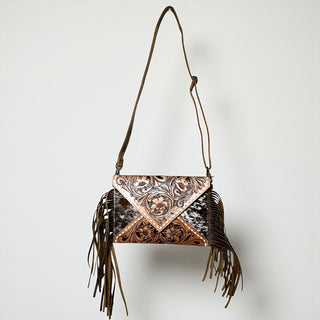 Brown cowhide & tooled leather fringe crossbody bag