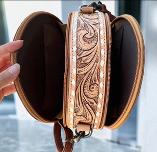 Pink tooled leather canteen bag