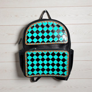 Turquoise checker leather small backpack