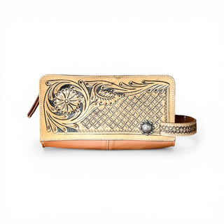 Tan all tooled leather toiletry bag