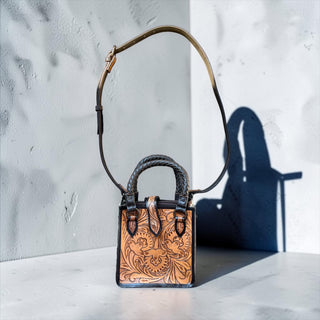 Brown tooled leather & cowhide crossbody bag