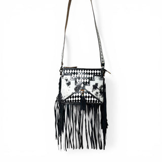 Checker tooled leather & cowhide fringe crossbody bag