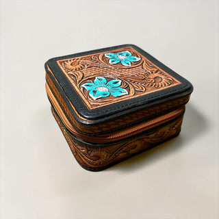 Turquoise blossom tooled leather jewelry box