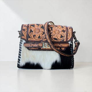 Daisy tooled leather & cowhide shoulder bag
