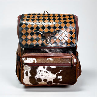 Brown checkered tooled leather & cowhide backpack