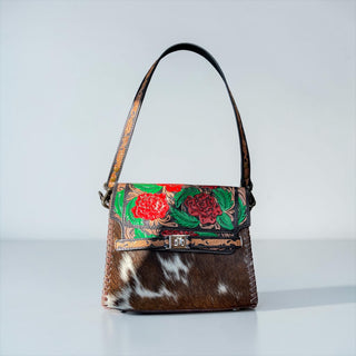 Roses tooled leather & cowhide shoulder bag