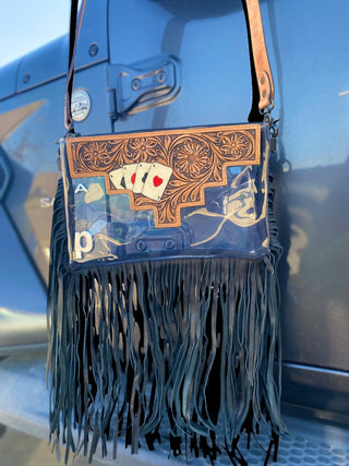 Tooled Leather Cards Fringe Clear Bag