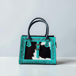 Turquoise tooled leather buckle crossbody bag