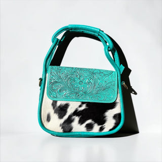 Turquoise tooled leather & cowhide shoulder bag