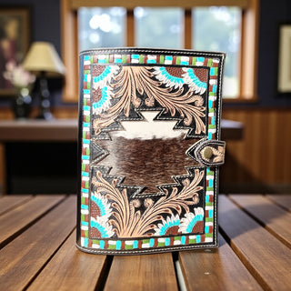 Turquoise Aztec tooled leather & cowhide Bible cover