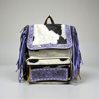 Purple fringe tooled leather & cowhide backpack