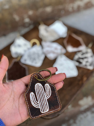 Cactus Rustic Leather & Cowhide Keychain 1pc