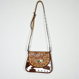 Tan tooled leather & cowhide crossbody bag