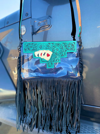 Turquoise Tooled Leather Cards Fringe Clear Bag