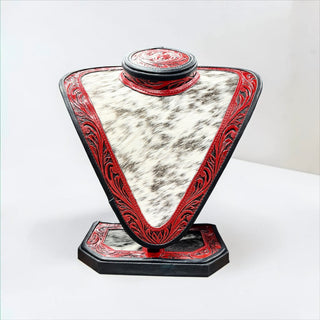 Red tooled leather & cowhide necklace display