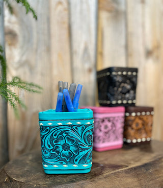 Turquoise Tooled Leather Pencil Holder