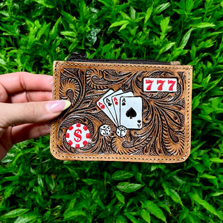 Poker tooled leather & cowhide coin pouch