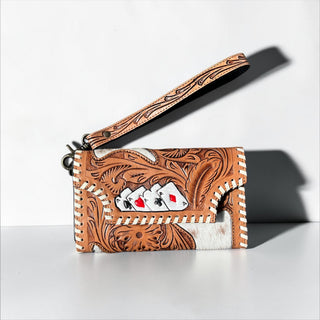 Brown cards tooled leather & cowhide wallet