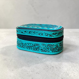 Turquoise tooled leather mini jewelry box