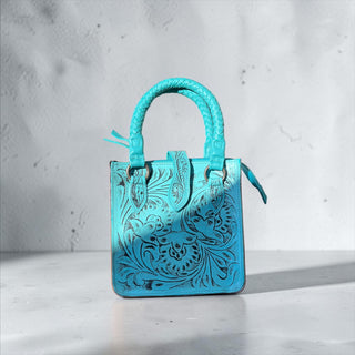 Turquoise tooled leather & cowhide crossbody bag