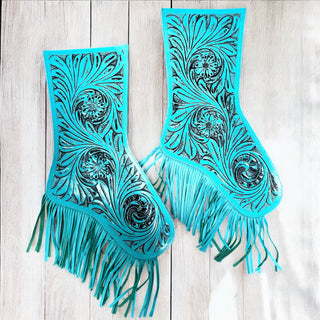 Turquoise tooled & cowhide fringe Christmas stockings 2pc