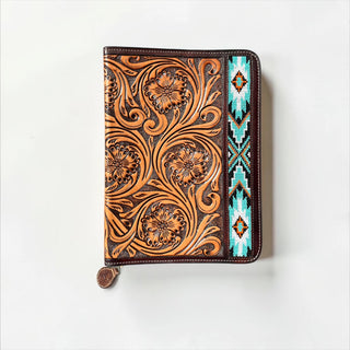 Blue Aztec floral tooled leather bible cover