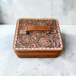 Tan tooled leather jewelry box