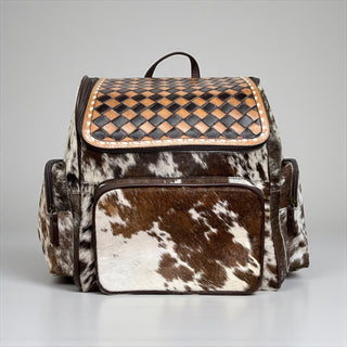 Brown checker tooled & cowhide backpack