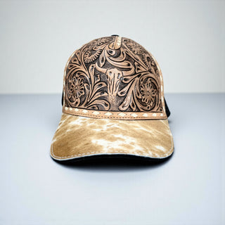Skull tooled leather & cowhide cap