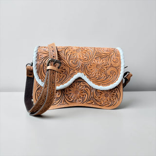 Tan/white tooled leather crossbody bag