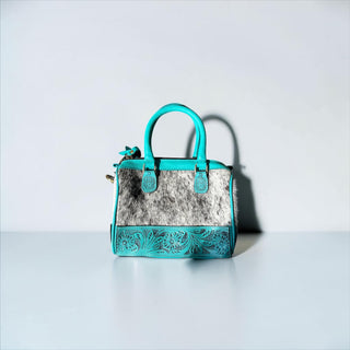 Turquoise tooled leather & cowhide mini speedy bag