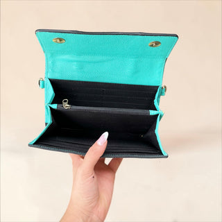 Turquoise tooled leather crossbody wallet