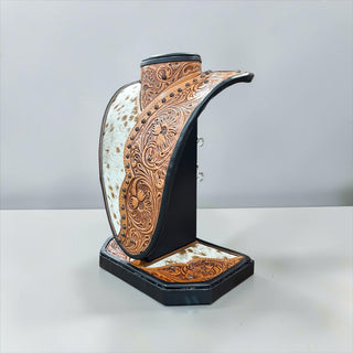 Brown tooled leather & cowhide necklace display