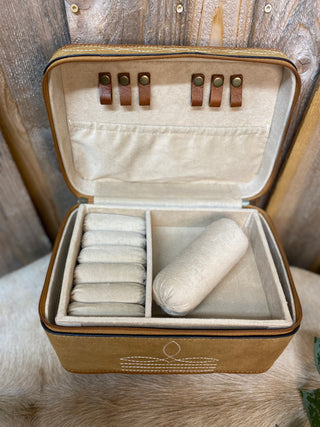 Tan Boot-Stitch Suede Leather Jewelry Boxes