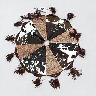 4ft Cowhide & tooled leather fringe tree skirt