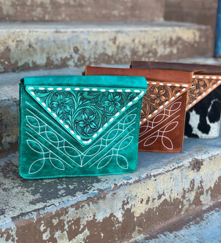 Turquoise BootStitch Leather Tooled Floral Crossbody