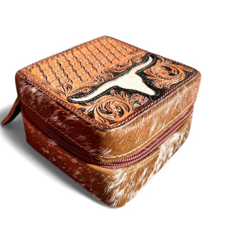 Longhorn tooled leather & cowhide jewelry box