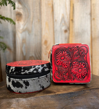 Red Tooled Leather & Cowhide Squiare Jewelry Box