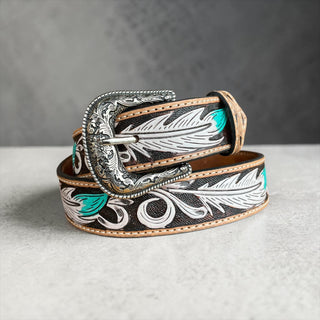 Feathers tooled leather belt