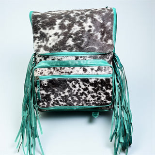 Turquoise cowhide & leather fringe backpack