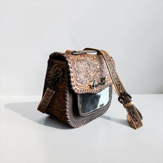 Brown horsebit tooled leather & cowhide crossbody bag