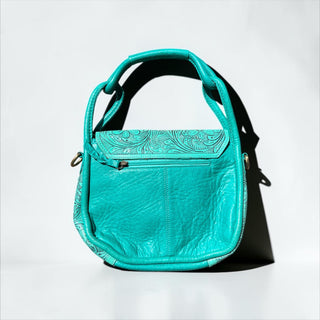 Turquoise tooled leather & cowhide shoulder bag