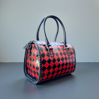 Red checker tooled leather speedy bag