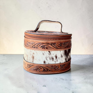 Tan tooled leather & cowhide jewelry box