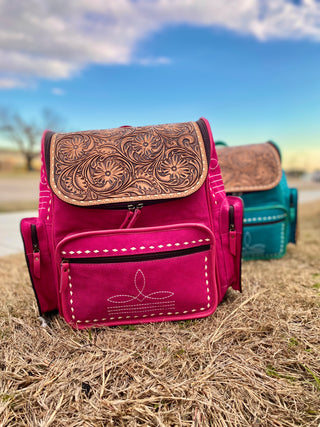 Pink BootStitch Suede Leather & Tooled Backpack