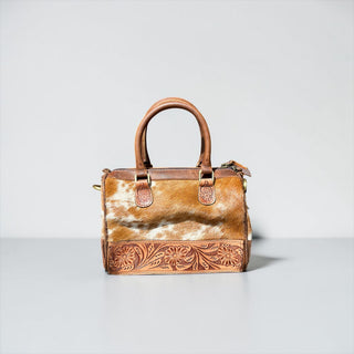 Brown tooled leather & cowhide mini speedy bag