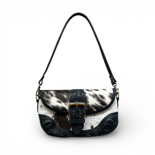 Black tooled leather & cowhide shoulder bag
