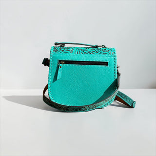 Turquoise horsebit tooled leather & cowhide crossbody bag