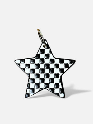 Checkered star tooled leather & cowhide keychain